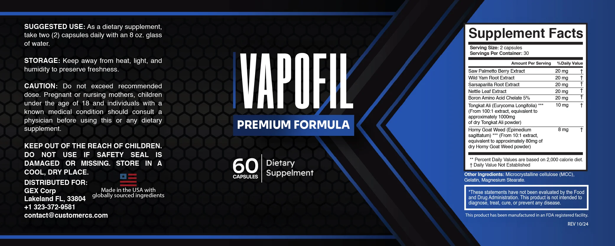 VapoFil supplement facts label